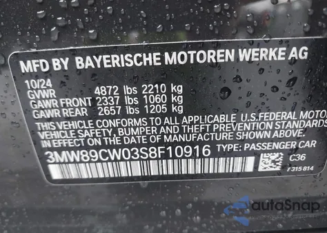 2025 BMW 3 Series 330I xDrive из США, поврежденный, VIN 3MW89CW03S8F10916